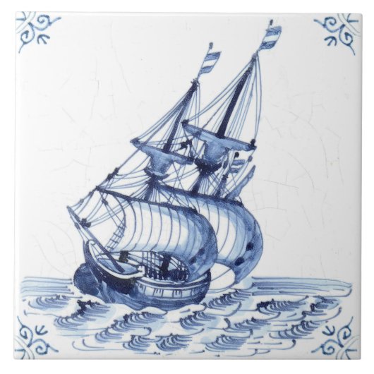 Delft Blue Dutch Style Frigate Schooner Segelboot Fliese (Vorderseite)