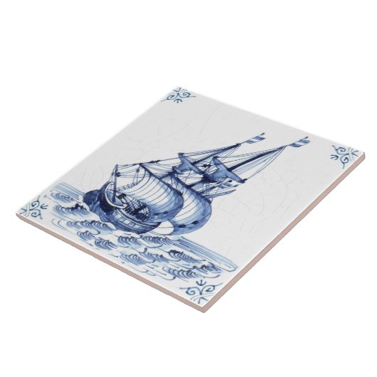 Delft Blue Dutch Style Frigate Schooner Segelboot Fliese (Seite)