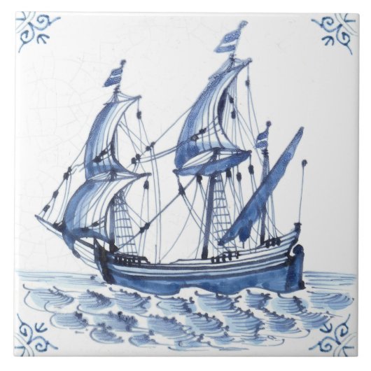 Delft Blue Dutch Style Frigate Schooner Segelboot Fliese (Vorderseite)