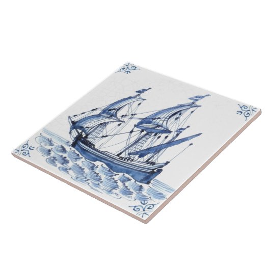 Delft Blue Dutch Style Frigate Schooner Segelboot Fliese (Seite)