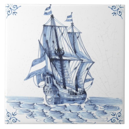 Delft Blue Dutch Style Frigate Schooner Segelboot Fliese (Vorderseite)