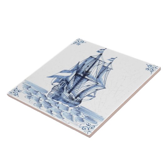 Delft Blue Dutch Style Frigate Schooner Segelboot Fliese (Seite)
