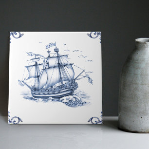 Delft Blue Dutch Style Frigate Schooner Segelboot Fliese