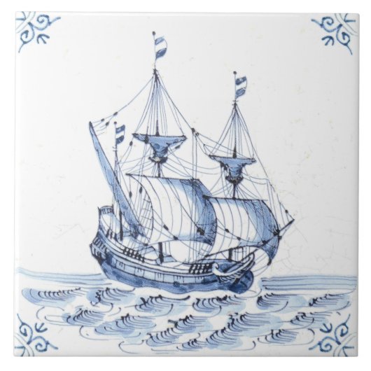 Delft Blue Dutch Style Frigate Schooner Segelboot Fliese (Vorderseite)