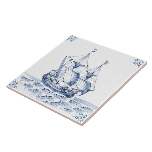 Delft Blue Dutch Style Frigate Schooner Segelboot Fliese (Seite)