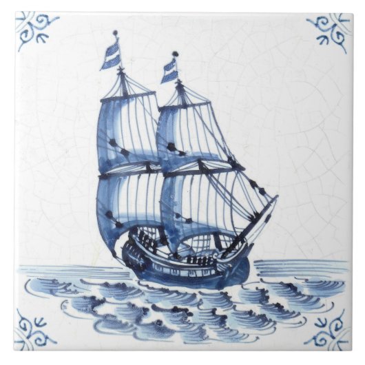 Delft Blue Dutch Style Frigate Schooner Segelboot Fliese (Vorderseite)