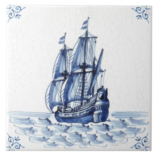 Delft Blue Dutch Style Frigate Schooner Segelboot Fliese (Vorderseite)