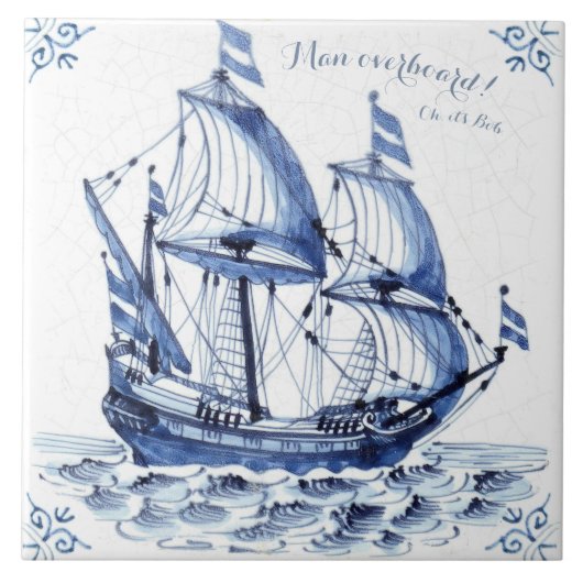 Delft Blue Dutch Style Frigate Schooner Segelboot Fliese (Vorderseite)