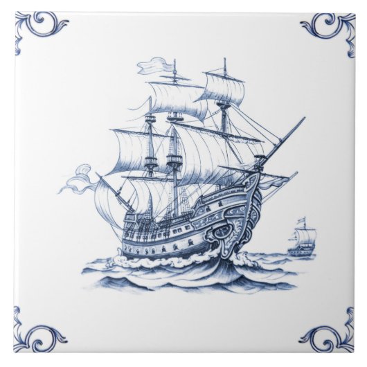 Delft Blue Dutch Style Frigate Schooner Segelboot Fliese (Vorderseite)