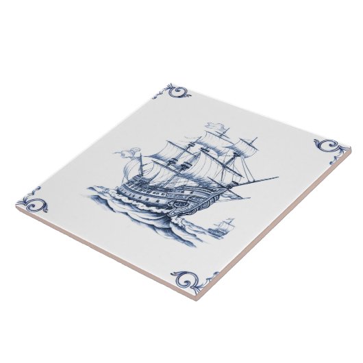 Delft Blue Dutch Style Frigate Schooner Segelboot Fliese (Seite)