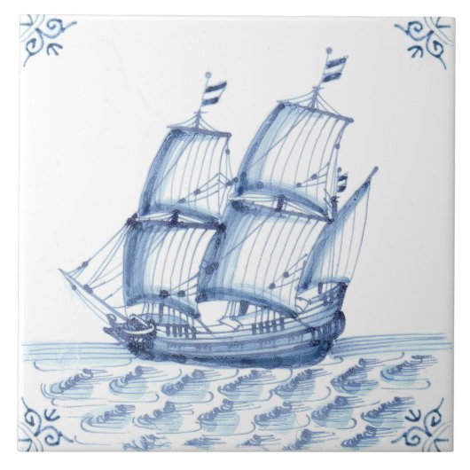 Delft Blue Dutch Style Frigate Schooner Segelboot Fliese (Vorderseite)