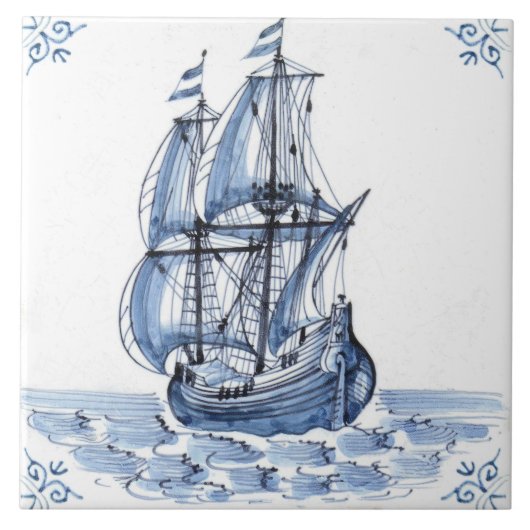 Delft Blue Dutch Style Frigate Schooner Segelboot Fliese (Vorderseite)