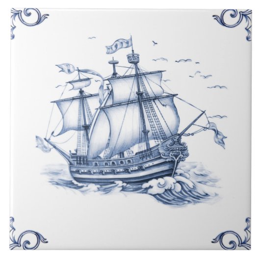 Delft Blue Dutch Style Frigate Schooner Segelboot Fliese (Vorderseite)