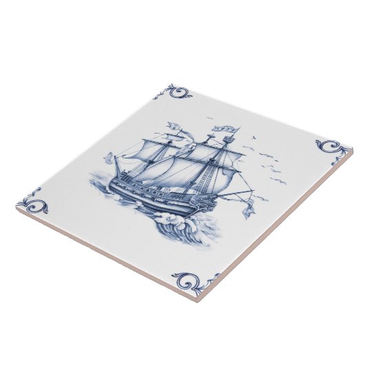 Delft Blue Dutch Style Frigate Schooner Segelboot Fliese (Seite)
