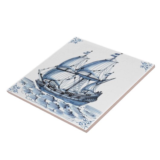 Delft Blue Dutch Style Frigate Schooner Segelboot Fliese (Seite)