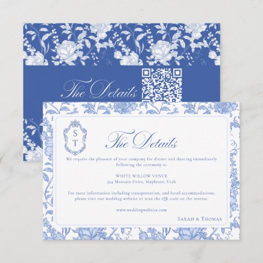 Delft Blue Floral Chinoiserie Monogram Wedding Begleitkarte (Vorne/Hinten)