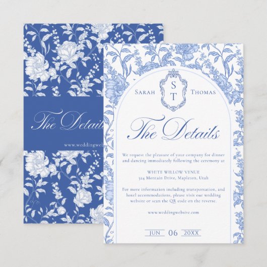 Delft Blue Floral Chinoiserie Monogram Wedding Begleitkarte (Vorne/Hinten)
