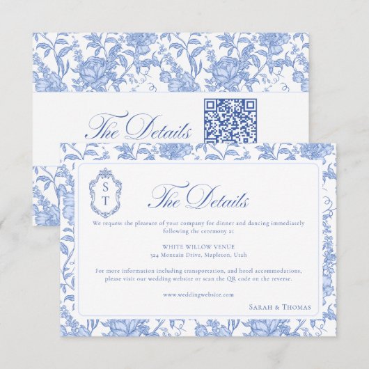 Delft Blue Floral Chinoiserie Monogram Wedding Begleitkarte (Vorne/Hinten)