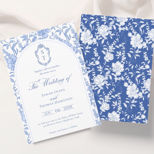 Delft Blue Floral Chinoiserie Monogram Wedding Einladung