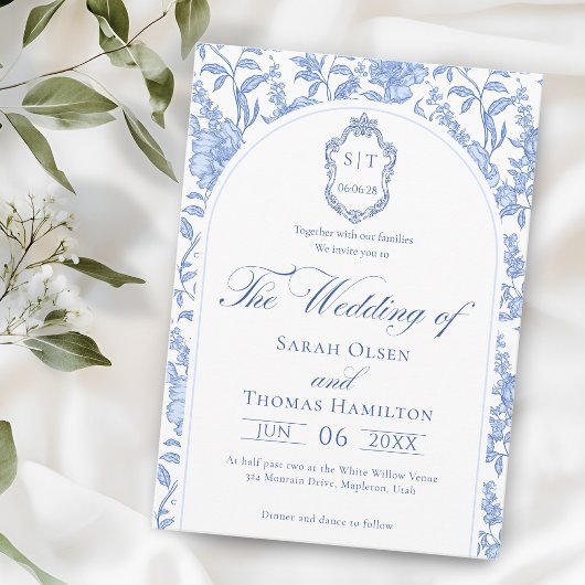 Delft Blue Floral Chinoiserie Monogram Wedding Einladung