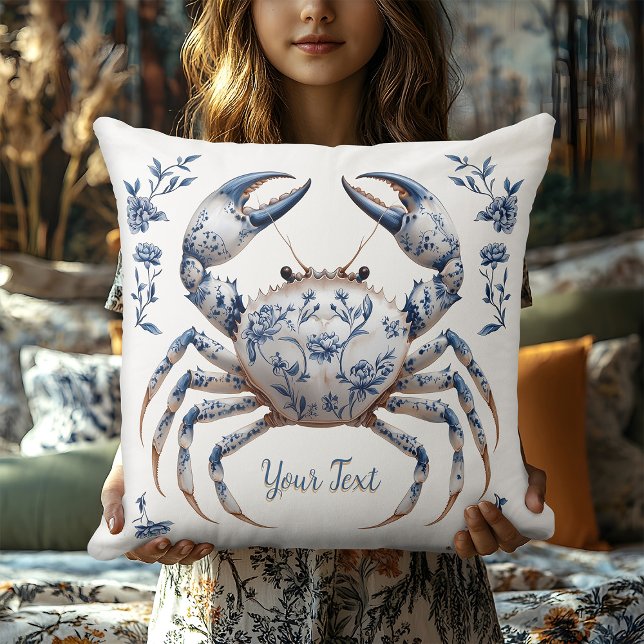Delft Blue Floral Crab Küste Rustic Beach House Kissen (Von Creator hochgeladen)