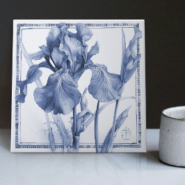 Delft Blue Iris Watercolor im Jugendstil Fliese