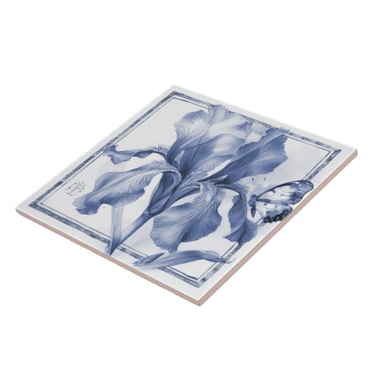 Delft Blue Iris Watercolor im Jugendstil Fliese (Seite)
