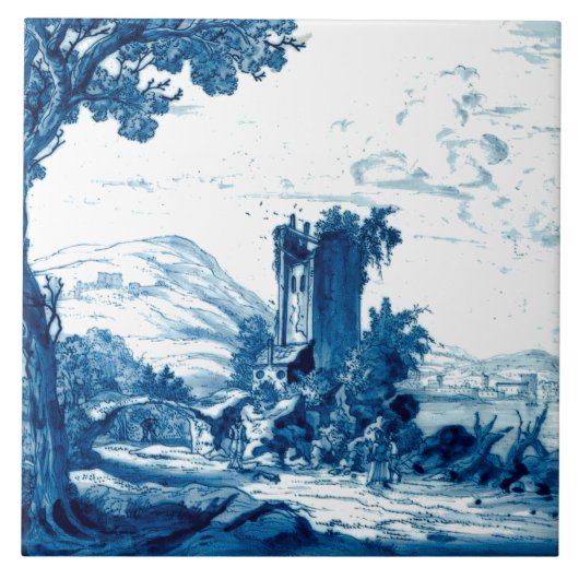 Delft Blue Landscape & Figures Antique Print Fliese (Vorderseite)