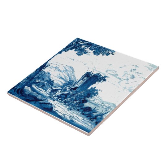 Delft Blue Landscape & Figures Antique Print Fliese (Seite)