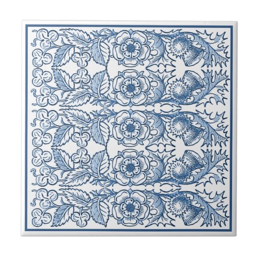 Delft Blue Ornamental Floral Art Nouveau Muster Fliese (Vorderseite)