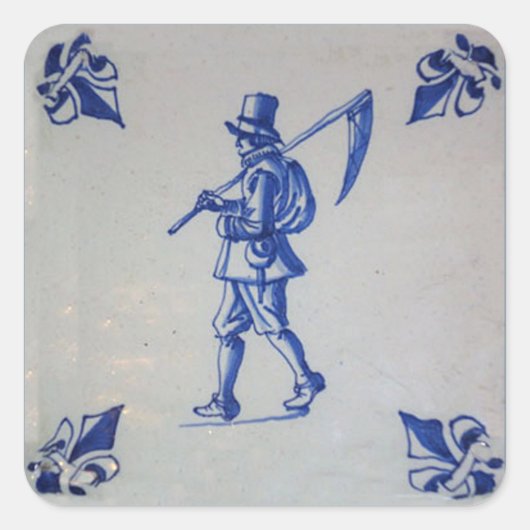 Delft Blue Tile - Rasenmäher, der Scythe oder Sich Quadratischer Aufkleber (Vorderseite)