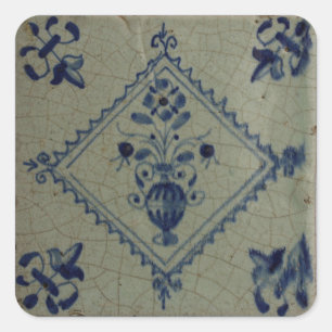 Delft Blue Tile - Vase mit Blume und Bouquet Quadratischer Aufkleber