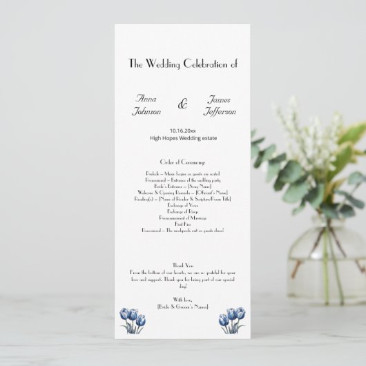 Delft Blue Tulip Wedding Program (Stehend Vorderseite)
