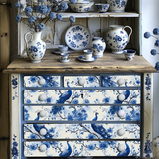 Delft Blue Vintag Chinoiserie Peacock Seidenpapier