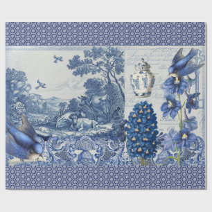 Delft Blue White Blume Bird Collage Decoupage Geschenkpapier