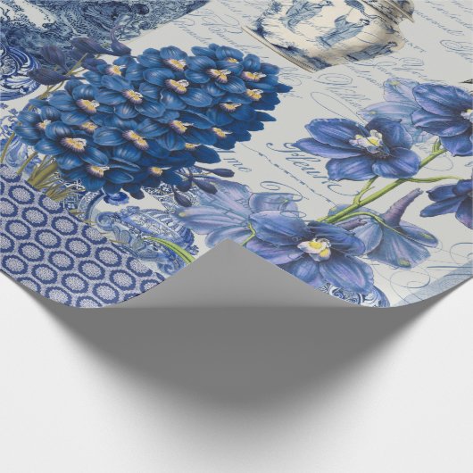 Delft Blue White Blume Bird Collage Decoupage Geschenkpapier (Ecke)