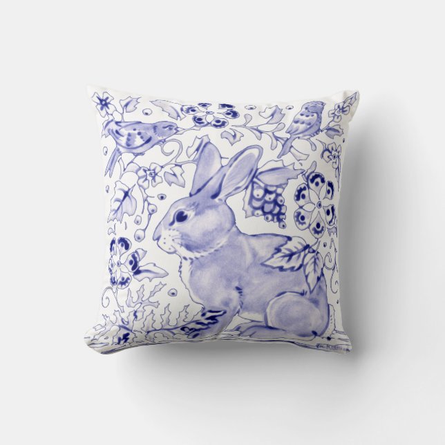 Delft Blue White Bunny Rabbit Birds Dedham Elegant Kissen (Vorderseite)