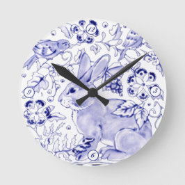 Delft Blue White Bunny Rabbit Birds Dedham Elegant Runde Wanduhr