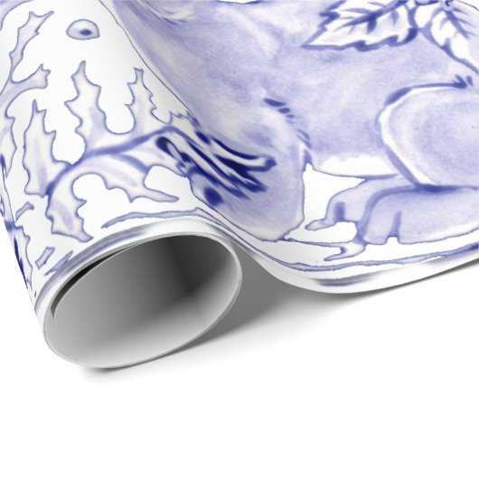Delft Blue White Bunny Rabbit Birds Dedham Osterta Geschenkpapier (Rolleneckpunkt)