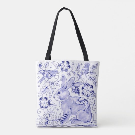 Delft Blue White Bunny Rabbit Birds Rustikaler Ded Tasche (Rückseite)