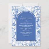 Delft Blue White Chinois Floral QR Code Wedding Einladung (Vorderseite)