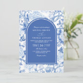 Delft Blue White Chinois Floral QR Code Wedding Einladung (Stehend Vorderseite)