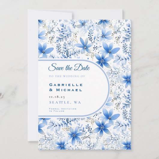 Delft Blue White Chinoiserie Blumenmuster Gerettet Save The Date (Vorderseite)