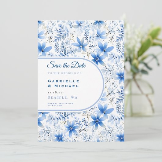 Delft Blue White Chinoiserie Blumenmuster Gerettet Save The Date (Stehend Vorderseite)