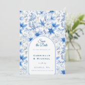 Delft Blue White Chinoiserie Blumenmuster Save The Date (Stehend Vorderseite)