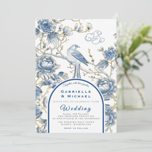 Delft Blue White Chinoiserie Porcelain Hochzeit Einladung (Stehend Vorderseite)