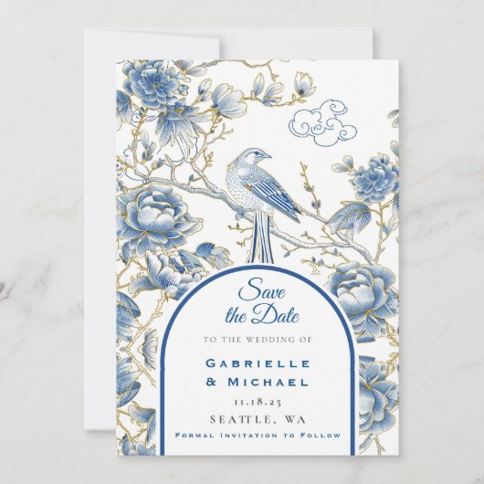 Delft Blue White Chinoiserie Porcelino Bird Save The Date (Vorderseite)