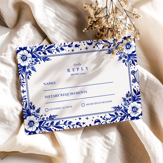 Delft Blue White Chinoiserie Wedding RSVP Karte