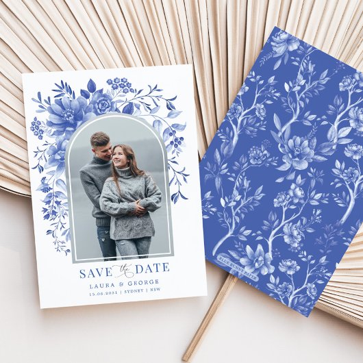 Delft Blue White Floral Chinoiserie Save the Date Einladung