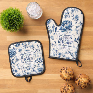 Delft Blue White Porcelain Hampton Floral Grandma Ofenhandschuh & Topflappen-Set